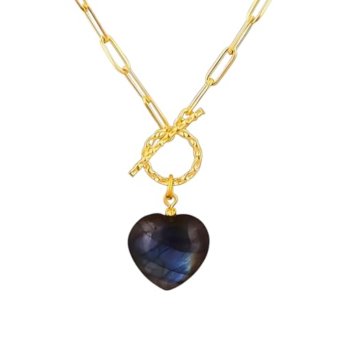 Gempires Gemstone Heart Pendant Necklace for Women, Gold Toggle Birthstone | Handmade gemstone heart pendant necklace — choose from 11 stones and birthstones, gold toggle paperclip chain. - color: Labradorite