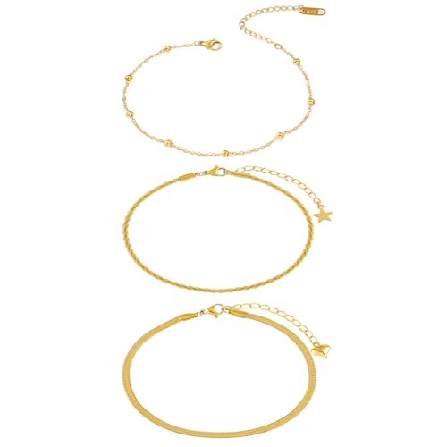 2/3 PCS Gold Anklets for Women Waterproof Boho Starfish, Seashell, Heart & Butterfly Charms Ankle Bracelets Non Tarnish Adjustable Layered Cuban Beaded Foot Chain Beach Jewelry for Summer Vacations - color: Gold Set 3