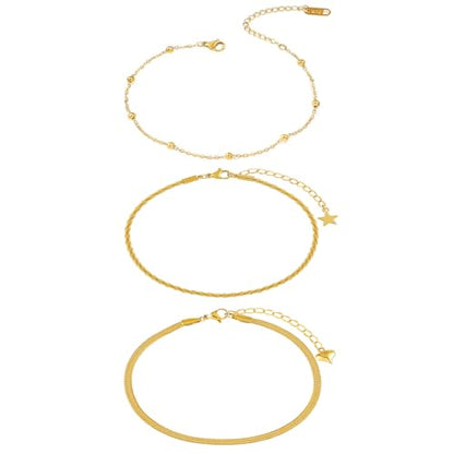 2/3 PCS Gold Anklets for Women Waterproof Boho Starfish, Seashell, Heart & Butterfly Charms Ankle Bracelets Non Tarnish Adjustable Layered Cuban Beaded Foot Chain Beach Jewelry for Summer Vacations - color: Gold Set 3