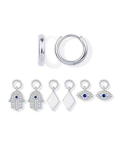 PAVOI 14K Gold Plated Mix & Match Charms Dainty Huggie Earrings for Women | Hypoallergenic Earrings with 925 Sterling Silver Posts, Huggie Hoop Earrings with Motif Dangle Charms Pack - style: Evil Eye