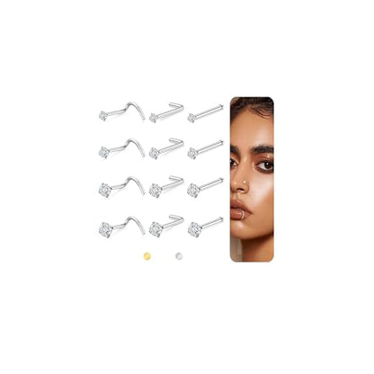 20G/18G Nose Studs Stainless Steel Nose Piercing Nose Ring Set I L S Shape Body Piercing Nose Hoop Ring for Women Men - color: D-12PC-Silver