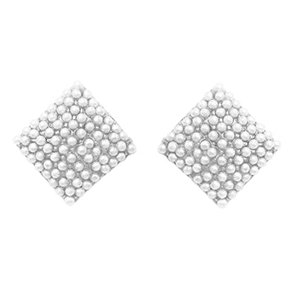 Rosemarie & Jubalee Women's Timeless Classic Simulated Pave Pearl Cluster Hypoallergenic Stud Earrings, 0.35" - color: Square Shape Silver Tone