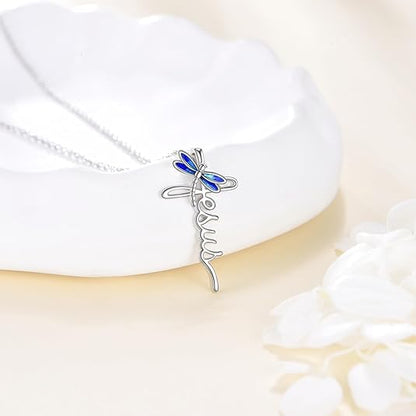 POPLYKE Cross Necklace for Women 925 Sterling Silver Cross Pendant Necklace Animal Jewelry Christmas Gifts for Women Mother Grandma - style: Dragonfly Jesus Cross