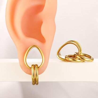 2 Pairs Stainless Steel Ear Plugs Tunnels Set with 2 Stacked Rings, Round & Teardrop Gauges for Ears, Hypoallergenic Surgical Steel Ear Stretcher Expander Body Jewelry - color: Gold, size: 10mm(00g)