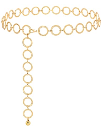 SUOSDEY Gold Silver Waist Chain Belt for Women,Fashion Metal Adjustable Chain Belts for Dresses - color: 01-gold(circle), size: Fit for Waist up to 44 inches