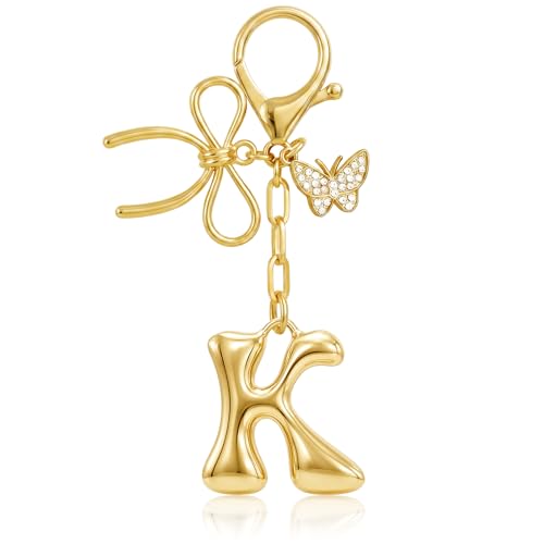 Gold Bubble Heart, Cherry, Bow & More Designs Letter Initial Keychain Bag Charms – Cute Purse Charms for Handbags - color: Bow & Butterfly, style: K