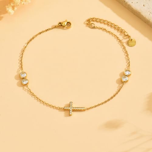 NONAMOIS 18K Gold Plated Diamond Ankle Bracelets for Women Waterproof Gold CZ Pearl Bow Link Chain Anklets Non Tarnish Summer Beach Foot Jewelry Gifts - color: 4CZ &CZ Cross-Gold