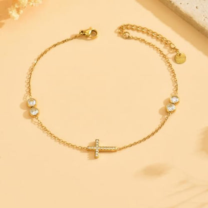 NONAMOIS 18K Gold Plated Diamond Ankle Bracelets for Women Waterproof Gold CZ Pearl Bow Link Chain Anklets Non Tarnish Summer Beach Foot Jewelry Gifts - color: 4CZ &CZ Cross-Gold