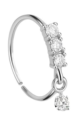 925 S Silver Dangle Nose Ring – 22G 8mm Hoop with CZ Drop Charm, Gold Hypoallergenic Continuous Seamless Hoop for Nostril Piercing, Minimalist Sparkly Nose Jewelry for Women - color: Silver