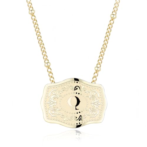 14K Gold-Plated Initial Necklace for Women, Western Belt Buckle Letter Pendant, Alphabet Necklace Includes 2 Chains, Cowgirl Jewelry Gift - color: Q