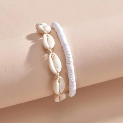 Qceasiy Shell Ankle Bracelets for Women, Boho Beaded Beach Anklet Set | Seashell, Heart, Starfish and Conch Styles, Gold-Tone, Stretch or Adjustable Fit, Layered Beach Vacation Jewelry Gifts - color: White 5