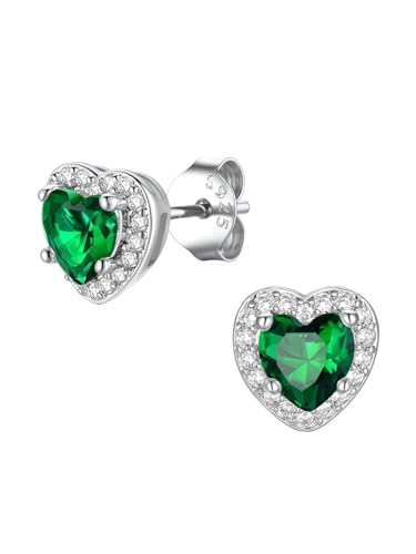 FindChic Birthstone Earrings for Women, Round/Heart/Square/Teardrop Earrings with 925 Sterling Silver Posts & Push Backs, Hypoallergenic Studs with Cubic Zirconia, 12 Months Jewelry with Gift Box - style: 05. May-Emerald (Heart-Silver)