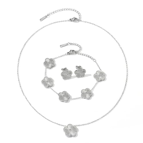Clover Neckalce Earring Set for Women 14K Gold Plated Stainless Steel Four Leaf Clover Jewelry Set - color: Silver