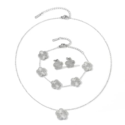 Clover Neckalce Earring Set for Women 14K Gold Plated Stainless Steel Four Leaf Clover Jewelry Set - color: Silver