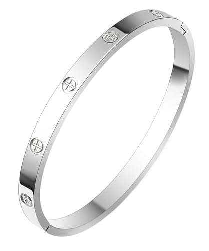 Waterproof 18K Gold PVD Plated Bracelet for Women, Non-Tarnish Stainless Steel Bangle with Engraved Cross Pattern and 5A Cubic Zirconia, Trendy Jewelry Gift for Her - color: Silver-Cross, M/L, size: M/L