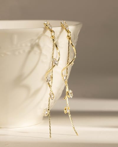 14K Gold Plated/Sterling Silver CZ Pearl Drop Dangle Earrings for Women - color: Gold-Tassel CZ
