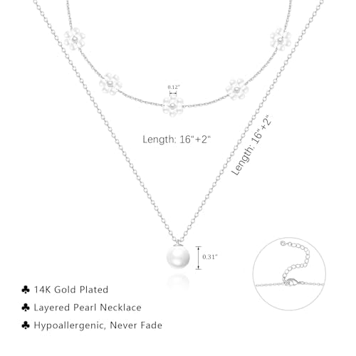 LULII Pearl Necklaces for Women 14K Gold Plated Dainty Layered Single Pearl Necklace Simple Daisy Pearls Choker Cute Gold Necklace Stack Jewelry Sets for Women Trendy Gifts - color: Silver-Layered Daisy Pearl