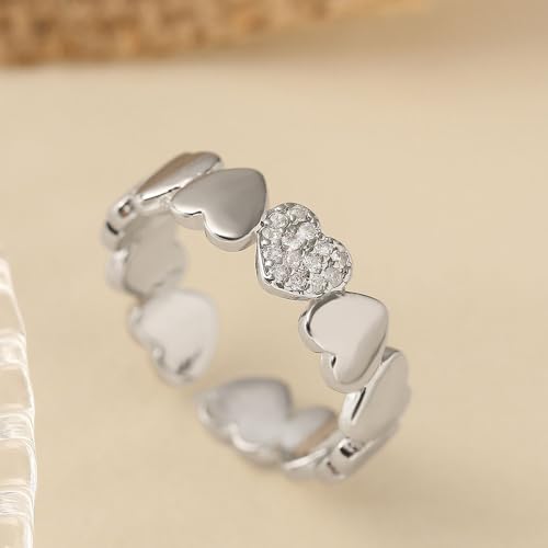 Dainty Gold Heart Rings for Women Cute Silver Love Statement Open Ring Trendy Inlaid Crystal Adjustable Rings Charm Daily Ring Valentines Day Gifts for Her - color: Silver