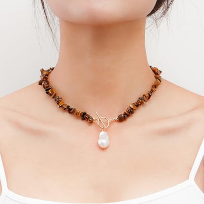 Bohemian Stone Pearl Choker Necklace for Women Dainty Natural Irregular Stone Choker Turquoise Beaded Lariat Necklace Simple Fashion OT Toggle Spiritual Handmade Jewelry - color: Brown