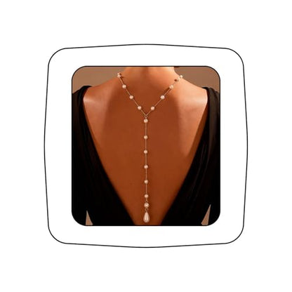 Gold Pearl Back Drop Necklace for Women Long Lariat Y Back Chain with Teardrop Pendant Bridal Wedding Backdrop Body Jewelry for Backless Dress
