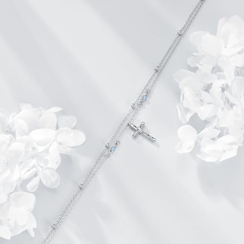 LUHE Cross Ankle Bracelets Sterling Silver Religius Double Chain Anklets Christian Baptism Layered Anklet Jewelry Gifts for Women - style: Luxury cross anklet