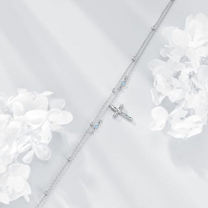 LUHE Cross Ankle Bracelets Sterling Silver Religius Double Chain Anklets Christian Baptism Layered Anklet Jewelry Gifts for Women - style: Luxury cross anklet