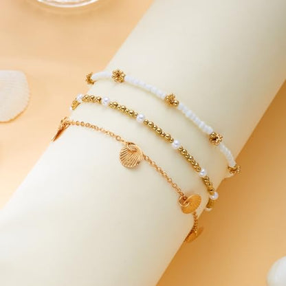 Boho Shell Ankle Bracelet Set for Women Gold Plated Adjustable Anklet Beach Inspired Foot Jewelry with Starfish & Pearl Charms - color: B