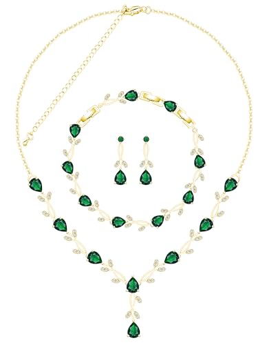 Jewelry Set for Women Bride Bridesmaid Wedding Party Prom Necklace Earrings Bracelet Set Gift for Mother Wife Friend - color: Gold-Green