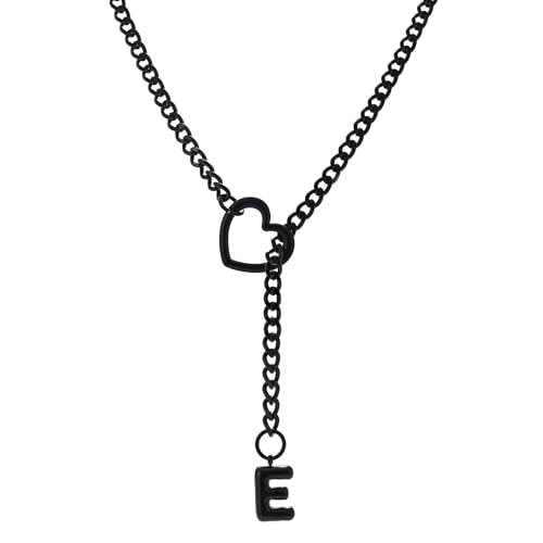 sroyte Black Heart Slip Chain Initial Necklaces for Women,Stainless Steel O-Ring Adjustable Lariat Heart Y-Necklace,Punk Gothic Cuban Collar Choker Necklace for women - color: Black E