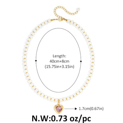 Boho Beaded Choker Necklaces for Women with A Gold Heart CZ - color: White