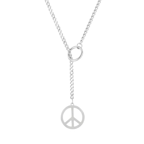 Slip Chain Choker for Women Handmade Black Stainless Steel Cuban Chain Chunky Moon Bat Raven Skull Pendant Gothic Punk Rock Collar Adjustable Lariat Y Necklace for Men - style: peace sign hippie