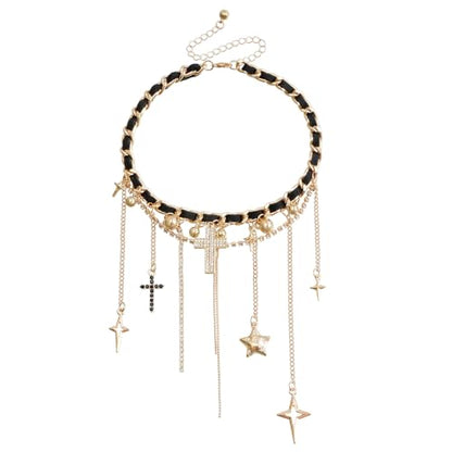 PLOUTOS Statement Layered Choker Necklace for Women Black Woven Chain With Charms And Dangles Plus-Shape Star Spike And Bar Pendants Adjustable Punk Y2K Style - color: Gold