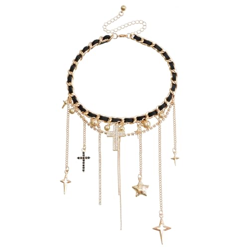 PLOUTOS Statement Layered Choker Necklace for Women Black Woven Chain With Charms And Dangles Plus-Shape Star Spike And Bar Pendants Adjustable Punk Y2K Style - color: Gold