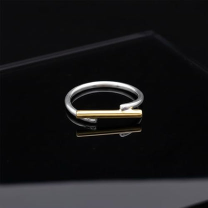 Handmade 925 Sterling Silver Ring with Gold Accent, Two-Tone Minimalist Design, Thin Band Stacking Ring - size: 8