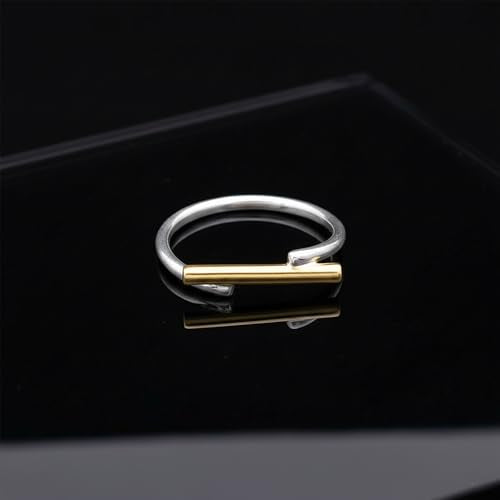 Handmade 925 Sterling Silver Ring with Gold Accent, Two-Tone Minimalist Design, Thin Band Stacking Ring - size: 10.5