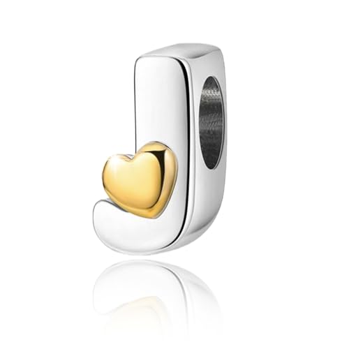Two-Tone Gold Heart S925 Silver Letter Charm Fits Pandora Bracelet Necklace | Initial Bead Two-Tone Gold Heart, DIY European Bracelet Accessory, Gift for Ladies Birthday Anniversary Valentine - style: J
