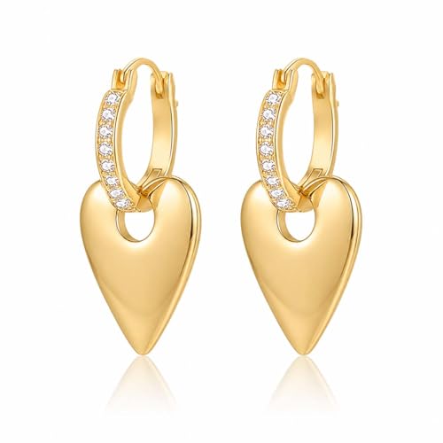 14K Gold Plated Heart Drop Earrings - 2-in-1 Detachable Huggie Hoops with CZ - Hypoallergenic Dangle Jewelry Gift for Women
