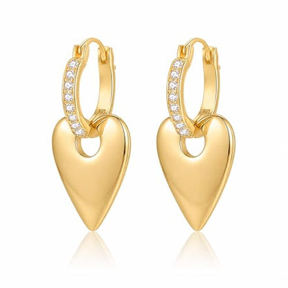 14K Gold Plated Heart Drop Earrings - 2-in-1 Detachable Huggie Hoops with CZ - Hypoallergenic Dangle Jewelry Gift for Women