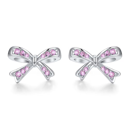 925 Sterling Silver Birthstone Bow Stud Earrings for Girls Women Bow Jewelry Birthday Gifts for Teens Kids Girls Bowknot Stud Earrings - color: 10.October Pink