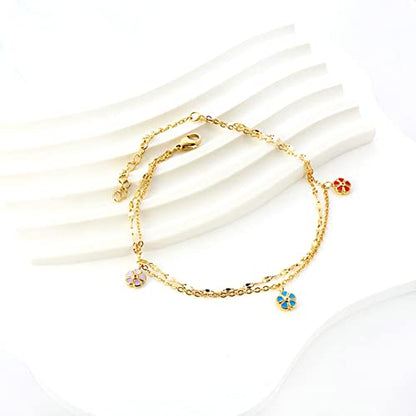 Anklet Bracelets for Women Stainless Steel, Gold Anklets Bracelet for Womens Double Layer Chain with Flower/Ladybug/Dragonfly Anklet for Summer Beach - color: Flower
