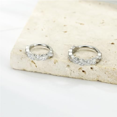 FUNLMO 316L Surgical Steel Nose Ring Septum Ring Cube Zircon Cartilage Earring Conch Tragus Helix Rook Daith Piercing Jewelry - style: 16G 10mm, Silver,crossover CZ