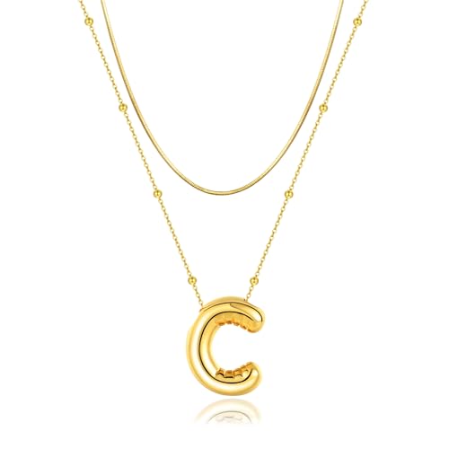 LUCA SMITH 2-Piece Initial Necklaces for Women, Dainty Balloon Bubble A-Z Letter Necklace Set, Name Letter Alphabet Pendant Layered Choker Necklaces Personalized Jewelry Gift - color: Gold bubble letter necklace, style: Initial Set-C