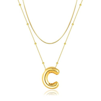 LUCA SMITH 2-Piece Initial Necklaces for Women, Dainty Balloon Bubble A-Z Letter Necklace Set, Name Letter Alphabet Pendant Layered Choker Necklaces Personalized Jewelry Gift - color: Gold bubble letter necklace, style: Initial Set-C