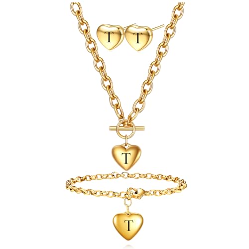 Women's 3 Pieces Heart Name Initial Necklace, Bracelet, Earrings, Jewelry Set Stainless Steel A-Z letters Jewelry Suits - color: Gold, size: T
