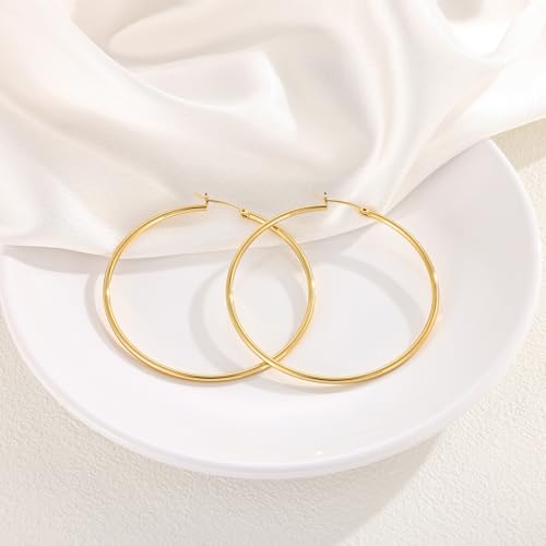 Gold Hoop Earrings for Women 14K Gold Plated | 925 Sterling Silver Post Hypoallergenic Hoop Earrings - color: Gold, size: 60mm