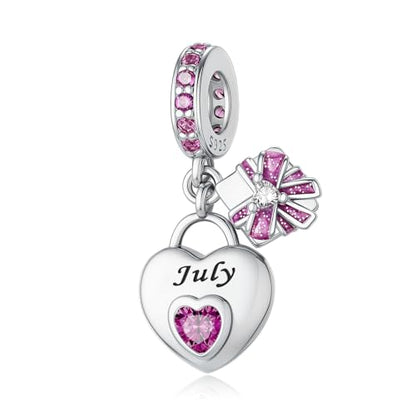 LNQOBU 925 Sterling Silve Heart-shaped Birthstone Charm for Bracelets, With 5A Cubic Zirconia Birthday Charms Dangle Pendant Bead for Pandora Bracelets - color: G-July