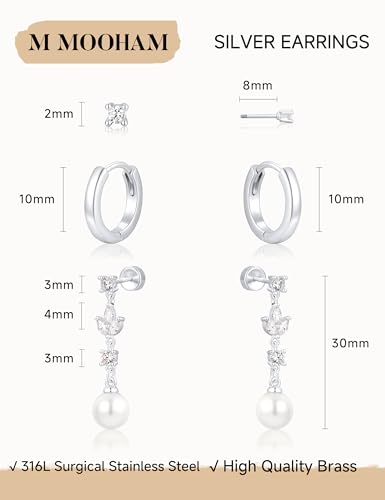 M MOOHAM Pearl Earrings for Women, 14K Gold Plated Pearl Drop Earrings | Hypoallergenic Pearl Dangle Earrings Set, Dainty Flat Back Stud Earring Stack, Bridal Shower Gifts, Wedding Jewelry - color: Silver
