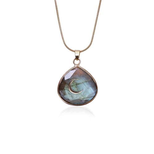 Da Piao Liang Labradorite Crescent Moon Energy Necklace, Healing Crystal Pendant With Stainless Steel Chain, Spiritual Jewelry - color: Gold