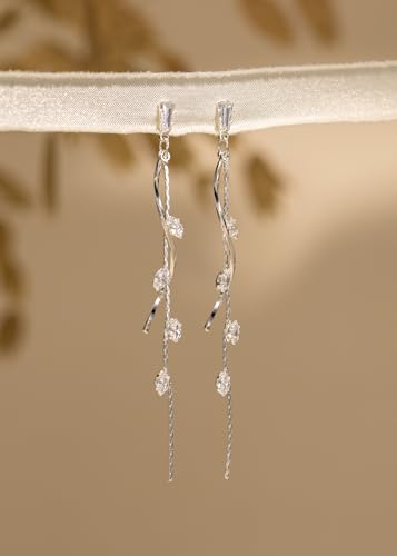 Dangle Earrings for Women - 14K Gold/White Gold/Rose Gold Plated Butterfly Heart Star Hoop Chain Long Tassel Cubic Zirconia CZ Dangle Earrings - color: Silver CZ Twist