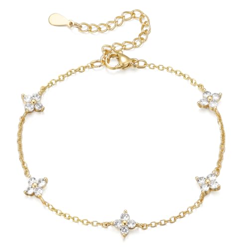 Emibele Gold Bracelets for Women, 18K Gold Plated Hand Chain, Cubic Zirconia Stainless Steel Non Tarnish Hand Chain Bracelet with Finger Ring, Adjustable Trendy Jewelry Valentines Day Gifts for Women - style: Four Leaf B